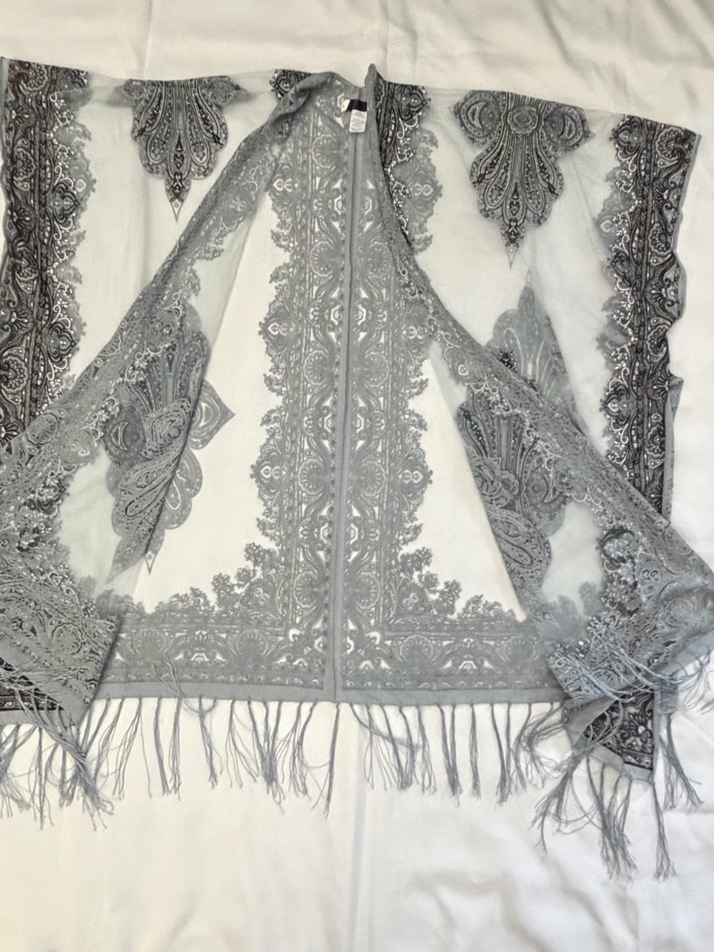 Light Gray Lace Fringe Kimono Top - Women